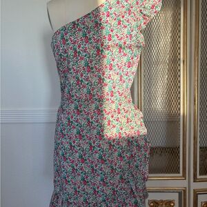 J. Crew One-Shoulder Floral Ruffle Dress - Red and Green- Size 10